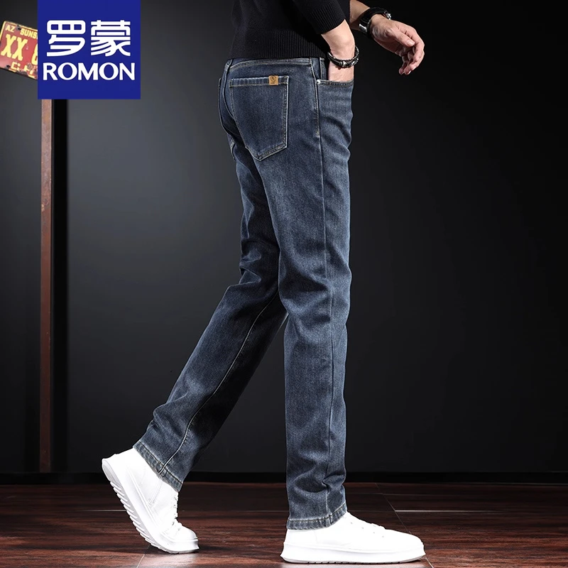 罗蒙秋冬新款牛仔裤男加绒加厚宽松直筒商务高端弹力水洗休闲长裤