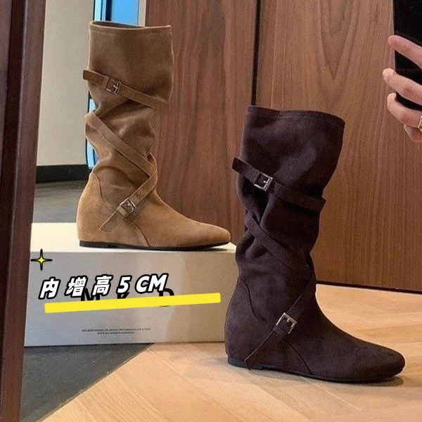 复古交叉扣带內增高5CM牛仔靴女秋柔软褶皱堆堆马丁靴中筒靴法式