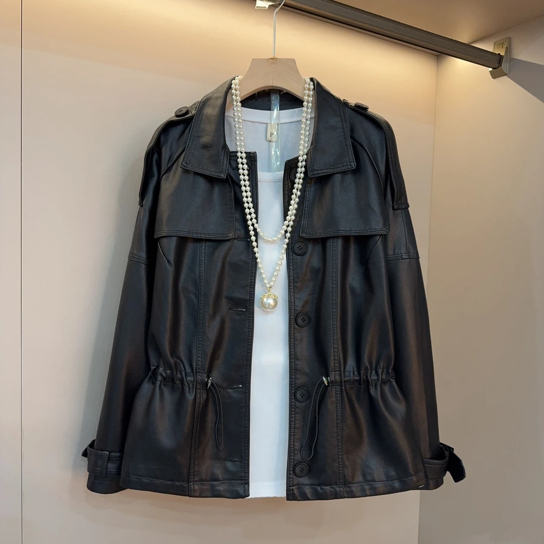 新款胖MM大码气质减龄翻领抽腰显瘦皮衣长袖单排扣机车风外套