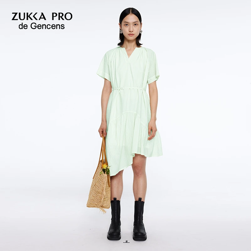 de gencens 肌理感V领系带连衣裙薄荷曼波/大货裙边修改为平底