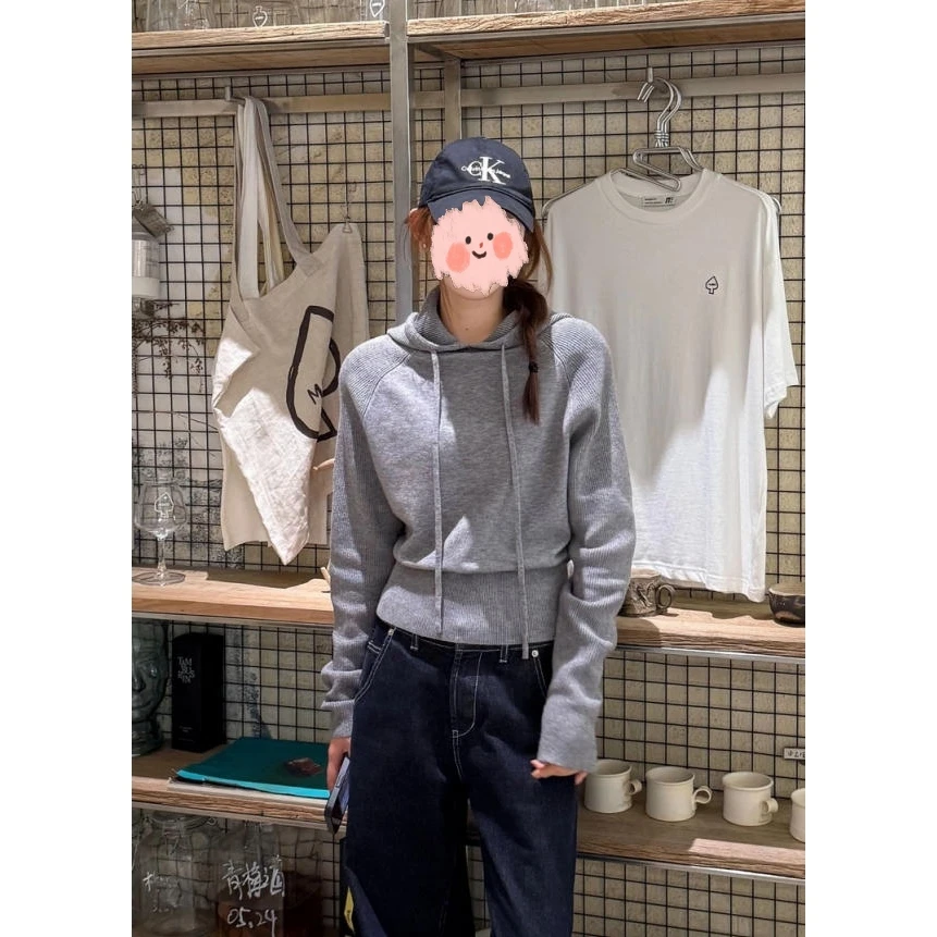 【云感小黑帽】2025年法式小众韩系复古秋季新款针织连帽短款卫衣女