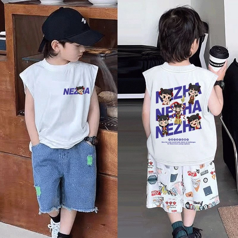 男儿童哪吒宝宝纯棉新款夏季无袖背心t恤印花儿童洋气国潮上衣潮T