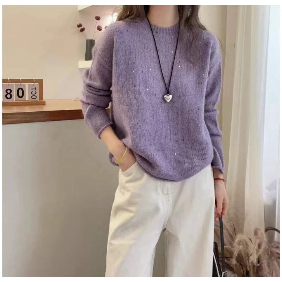 宽松圆领秋冬打底针织衫套头毛衣绵羊毛衫11082