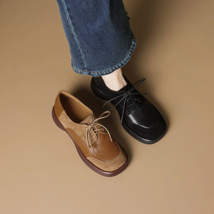 羊皮~3.5cm春秋厚底新款单鞋复古休闲系带女鞋软底小皮鞋时尚百搭