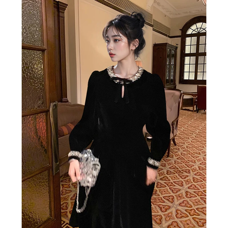 富家千金小香风套装法式赫本气质名媛黑色丝绒小黑裙蕾丝秋冬装