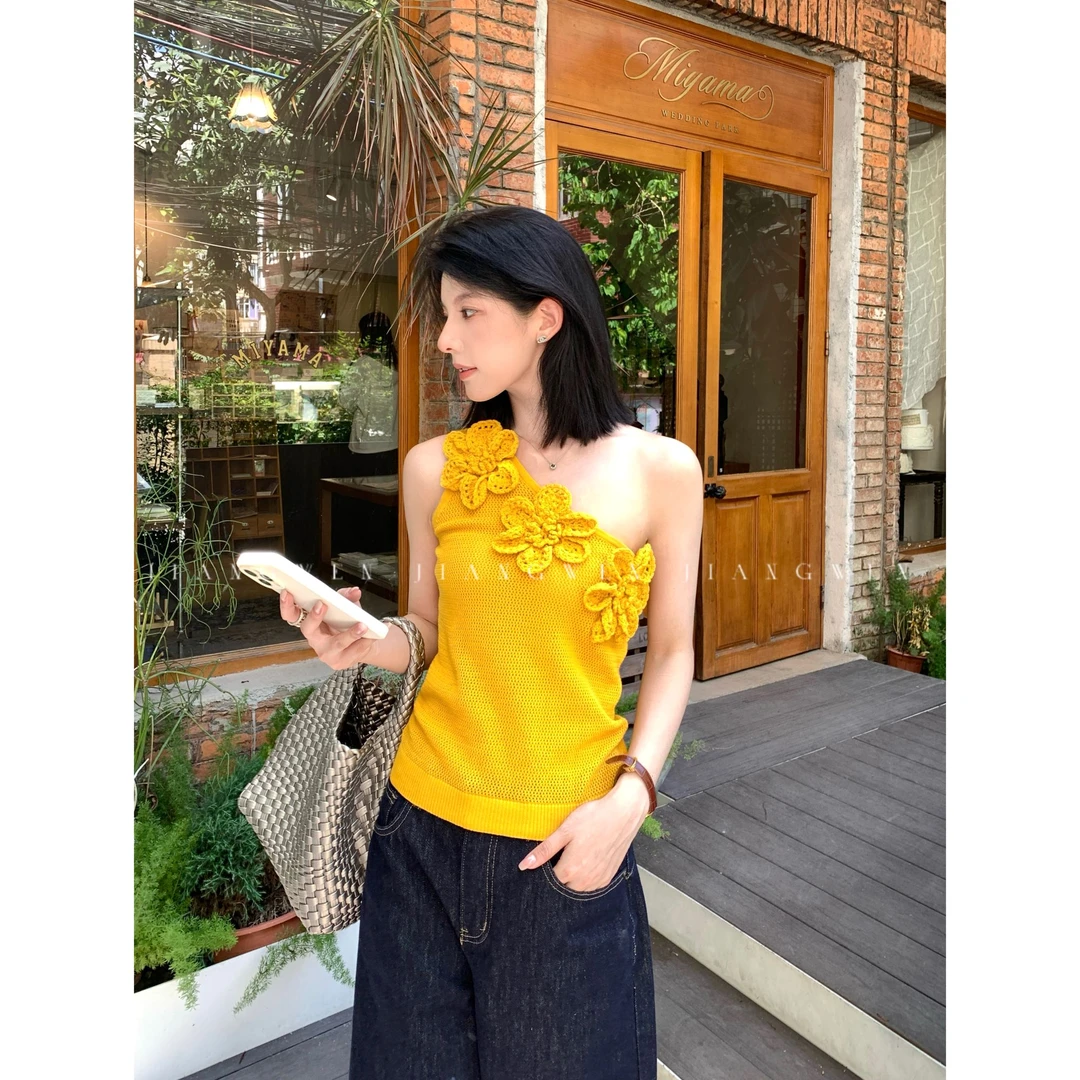 【向阳安卡】韩系穿搭甜美风少女感立体钩花针织背心上衣