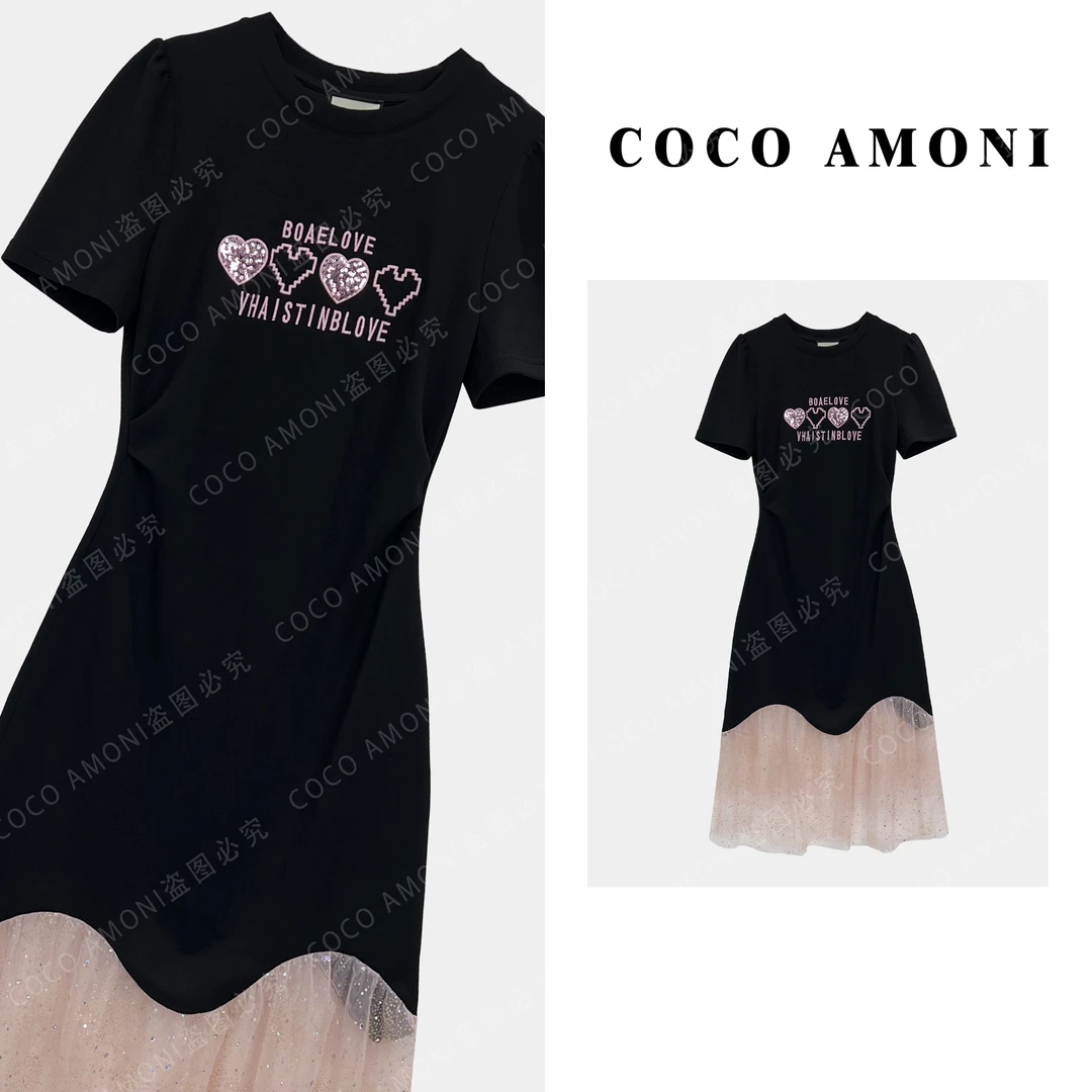 [曼姐]轻奢圆领设计女装拼接亮钻爱心显瘦气质连衣裙AC388