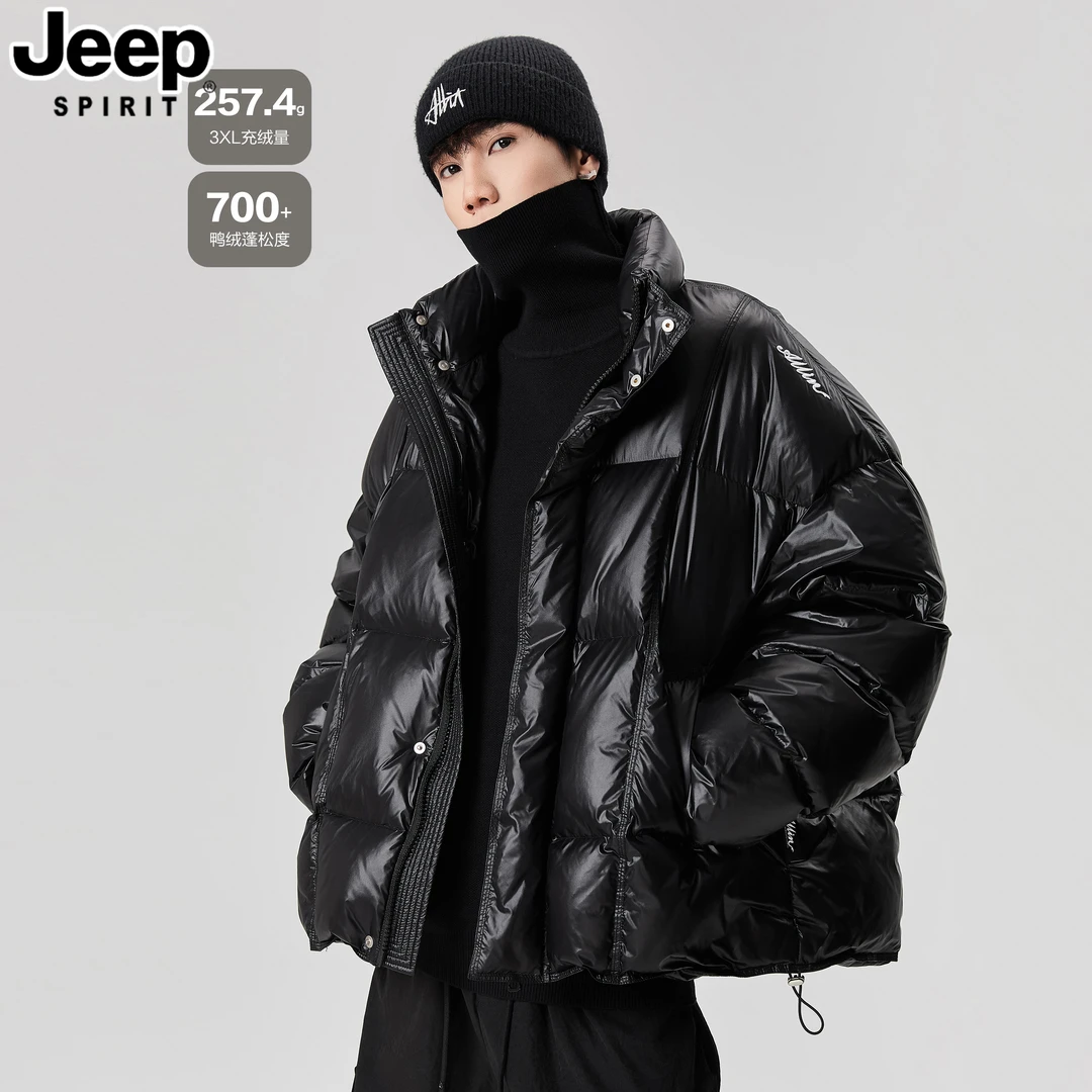 JEEPSPIRIT吉普黑色鸭绒羽绒服男冬季加厚保暖面包服字母刺绣