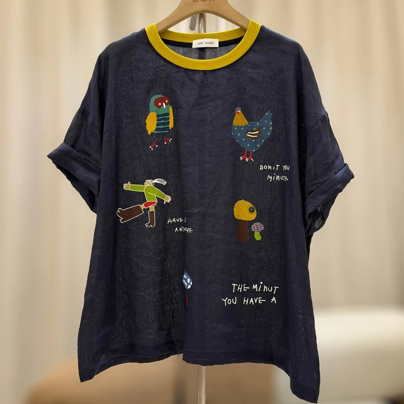 zaw大码女装卡通棉麻T恤女短袖显瘦遮肚子减龄洋气胖mm上衣/25270