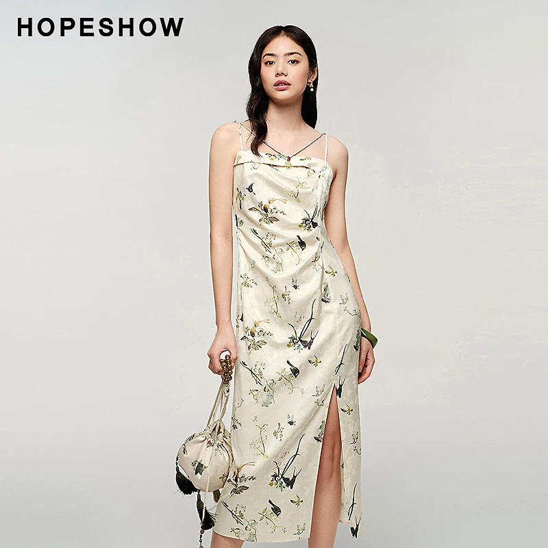 红袖秋季新款女装 新中式侧拉开叉吊带连衣裙89124291613