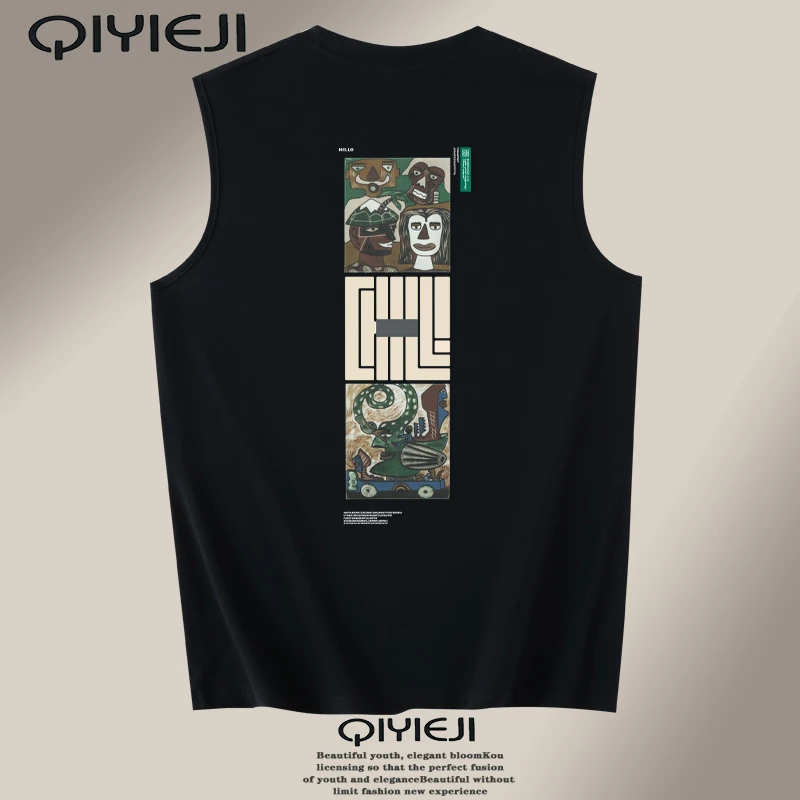 纯棉无袖T恤汗衫摩斯风圆领夏季纯色薄款印花潮流透气直下摆背心