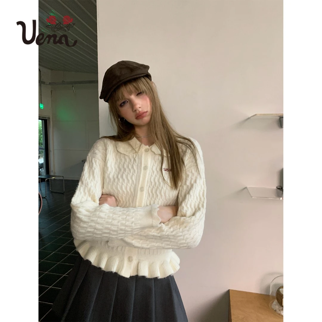 【梦一专属】Uena美式复古撞色字母刺绣拼接荷叶花边毛针织开衫女