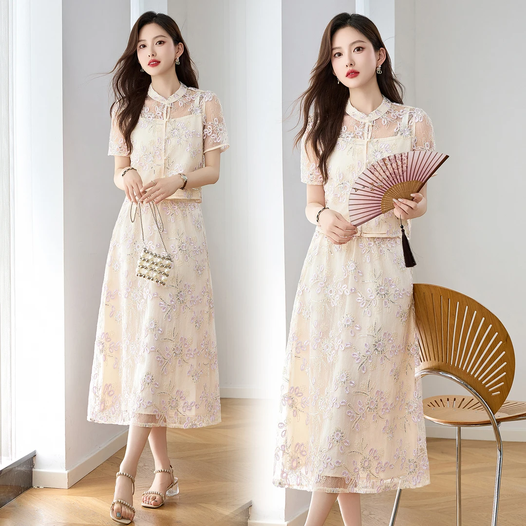 新中式国风刺绣蕾丝套装裙2025夏季新款盘扣高腰包臀半身裙两件套