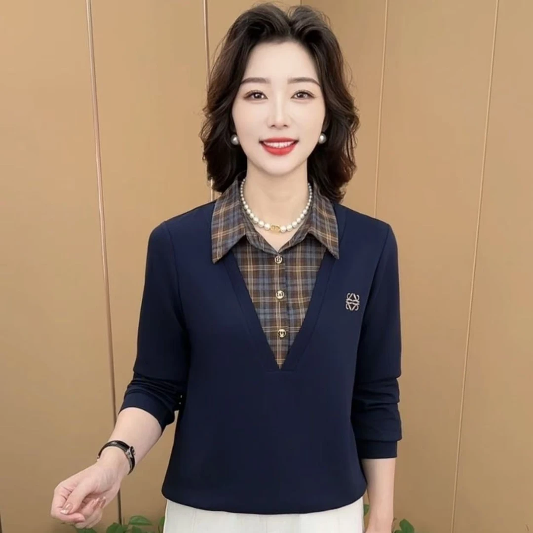 秋季新款时尚翻领格子假两件拼接洋气妈妈装休闲长袖上衣K6606