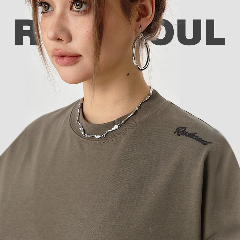 RUSHSOUL基础款 简约青春圆领潮牌小印花休闲宽松男女短袖t恤