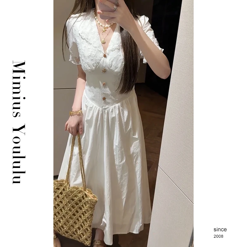 【mimius】喵喵 温柔风蕾丝拼接V领设计感收腰连衣裙 G04365