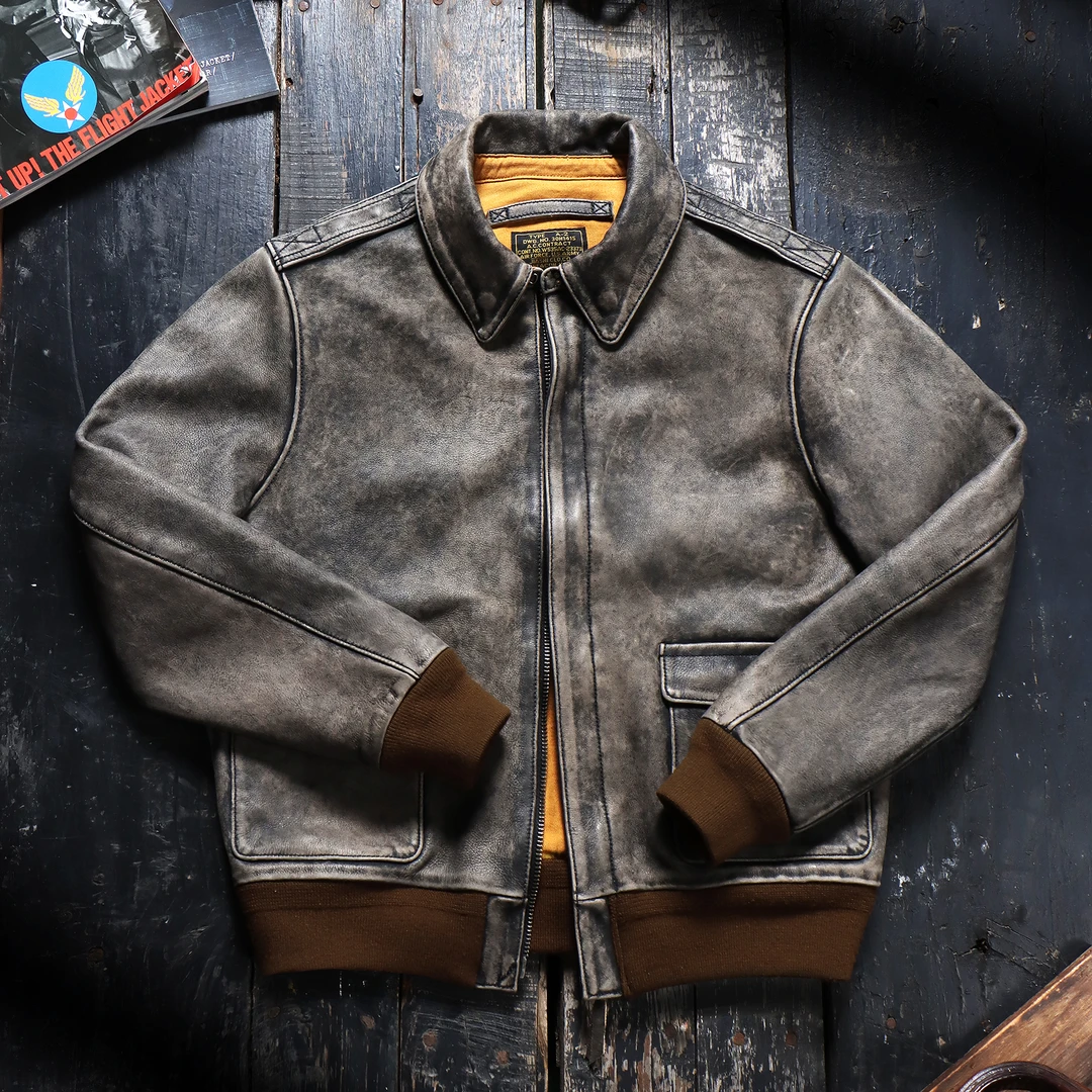 1.5mm意大利无涂厚软牛皮美式复古做旧A2飞行服皮衣皮衣男皮衣