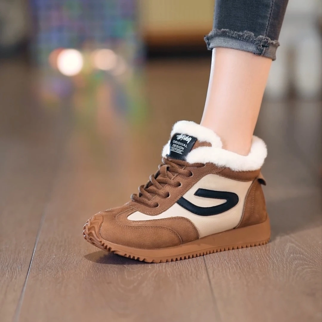 2025冬季新款加绒保暖休闲加厚棉鞋时尚拼色高帮系带舒适女鞋短靴