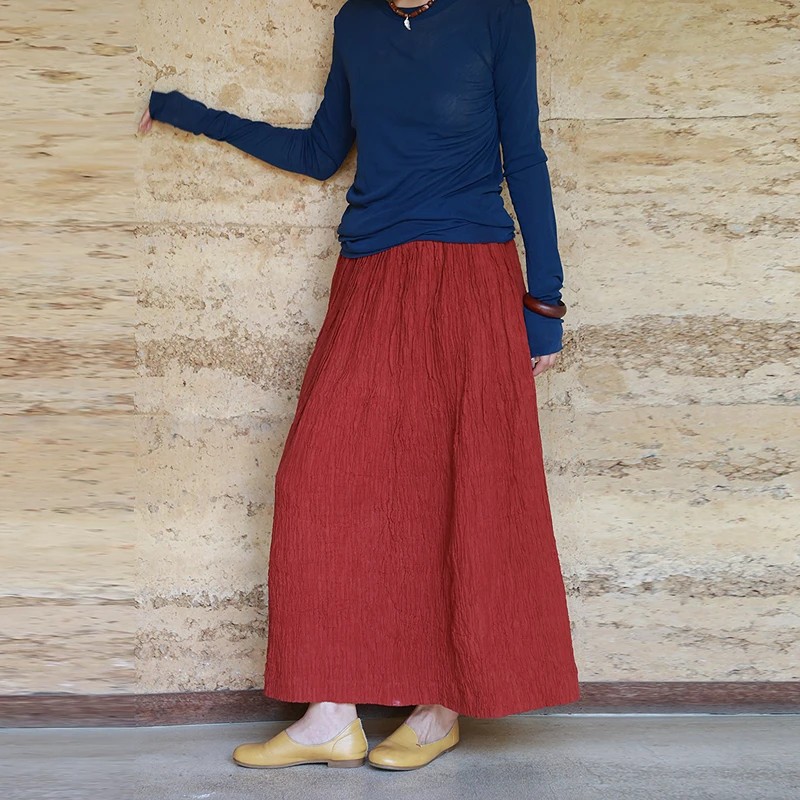 绽放旅行女装498朵/皱感苎麻成染松紧腰文艺半身裙简约中长裙女秋
