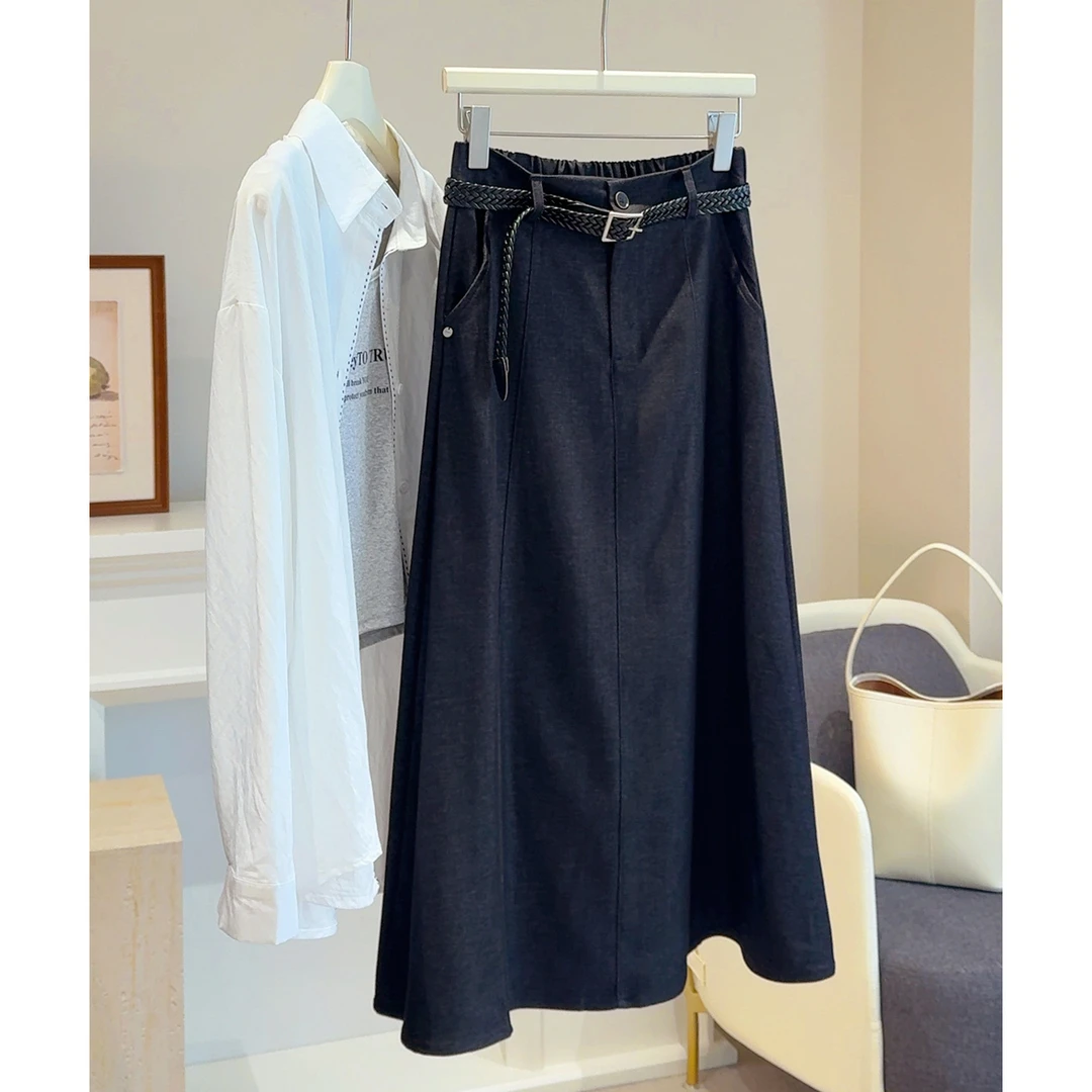 天丝牛仔A字半身裙女2025秋季新款韩版后松紧腰大摆休闲中长裙子