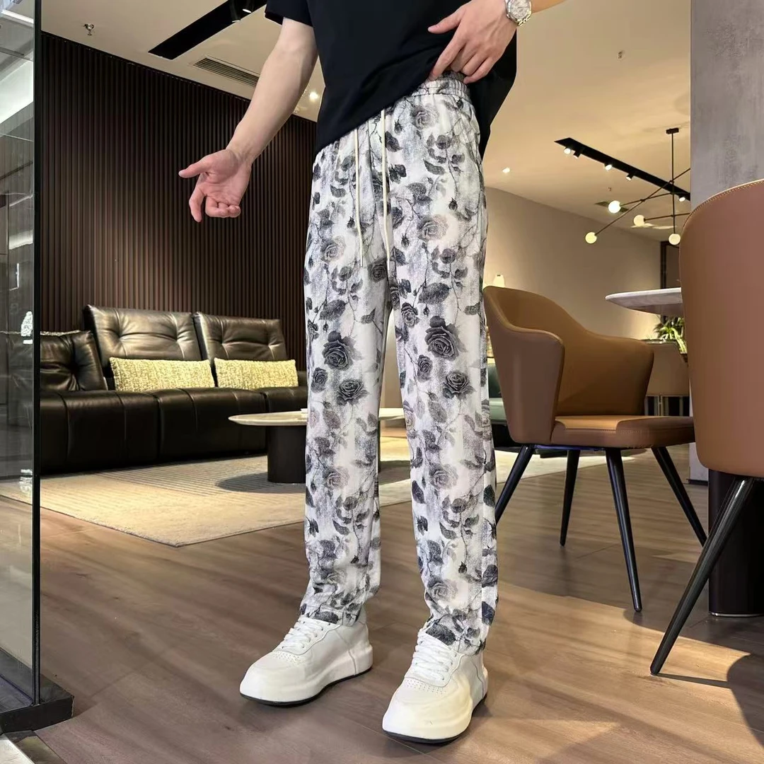 男士夏季薄款超薄透气水墨玫瑰印花民族风冰感直筒休闲裤3341
