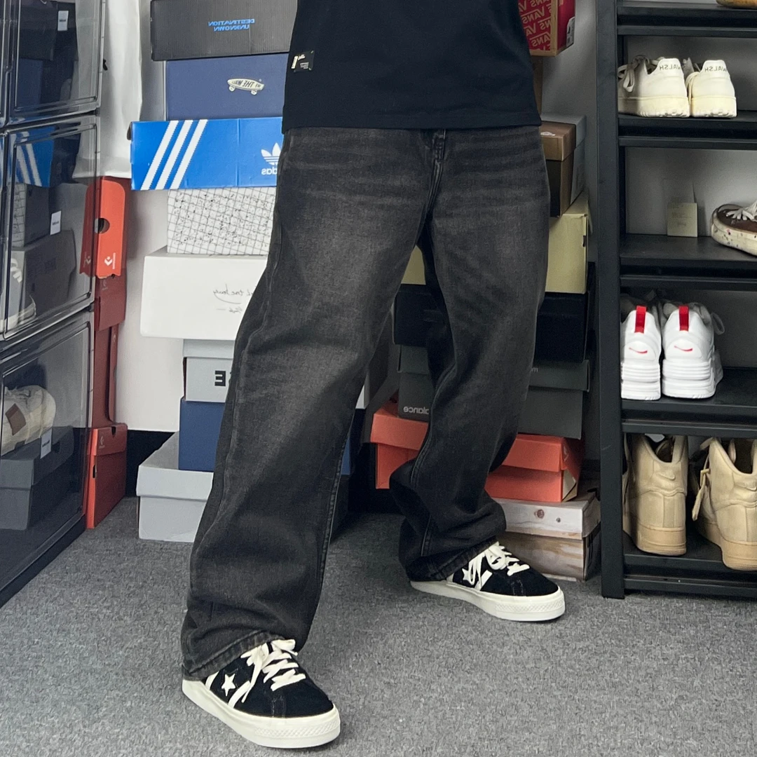 斌斌梨日系街头潮流直筒阔腿牛仔裤猫须渐变透白复古宽松男生裤子