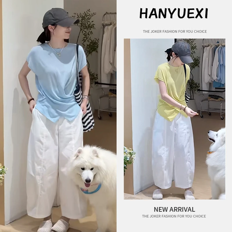 夏季百搭一整套女装2025新款交叉设计感短袖上衣高腰休闲裤两件套