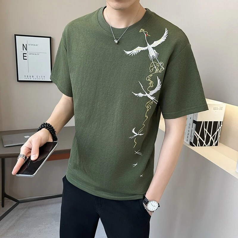 2025夏季新款高品质亚麻短袖男士休闲国风刺绣T恤时尚百搭男装潮
