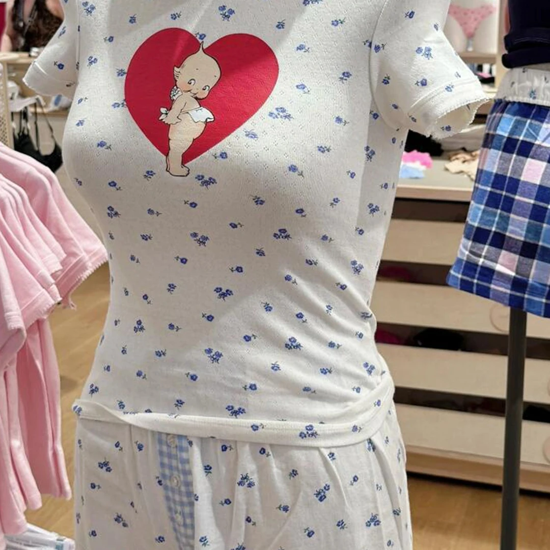 法式甜美少女公主风小天使印花睡衣女春款家居服