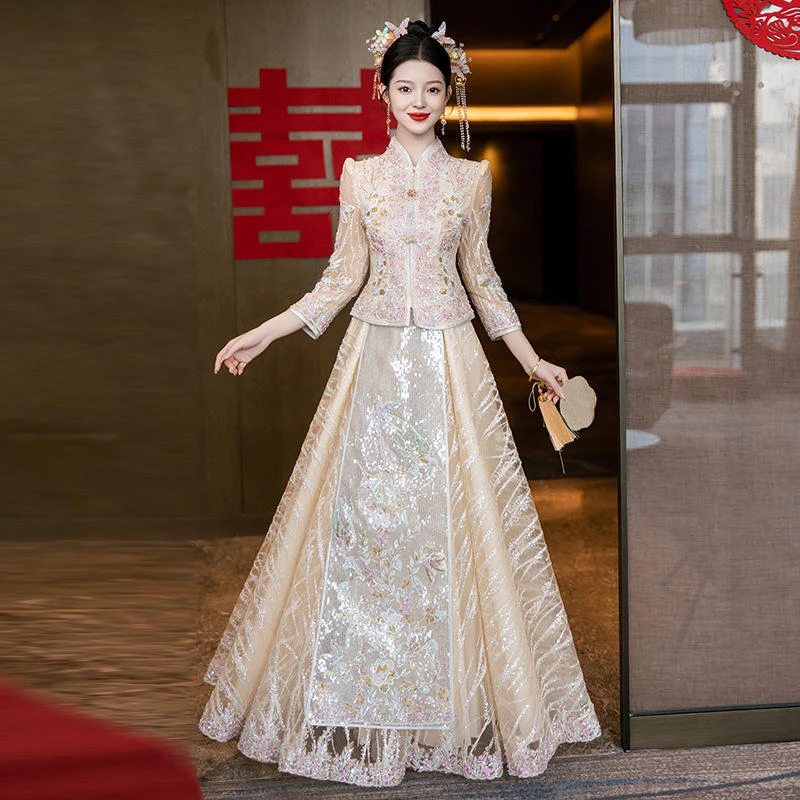 秀禾服婚服新款春夏结婚新娘香槟色新中式嫁衣重工奢华敬酒礼服裙