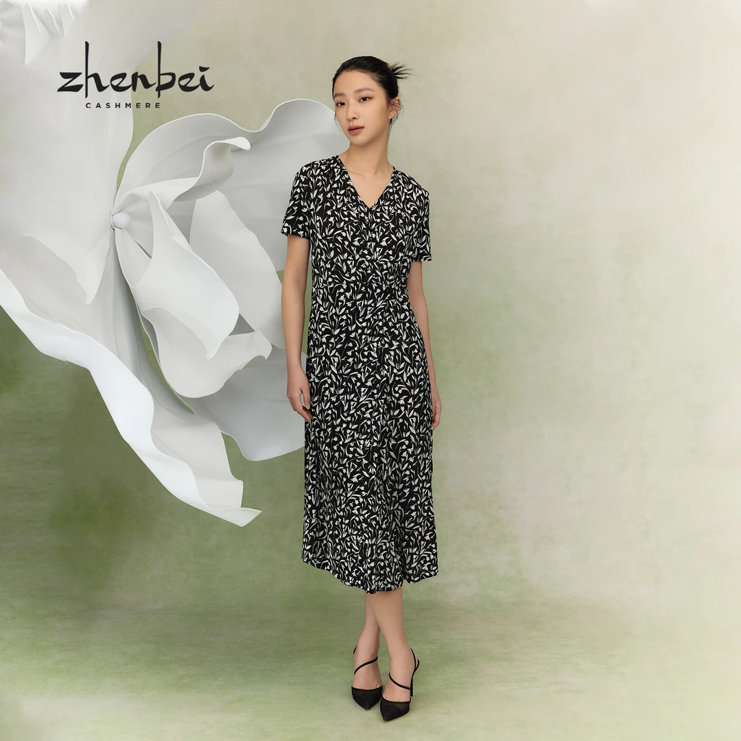 ZB/珍贝春夏上新 桑蚕丝v领印花连衣裙/H104173