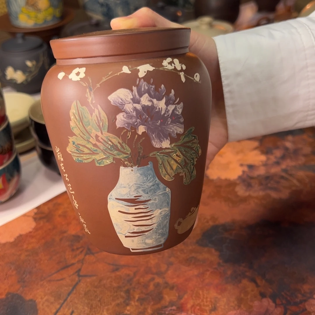 枯***鸽建水紫陶刻填茶叶罐