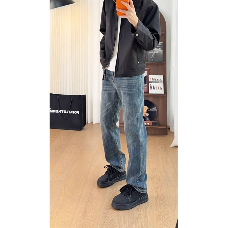 美式高街加绒裤子男秋冬新款复古蓝牛仔裤潮牌宽松窄版修身直筒裤