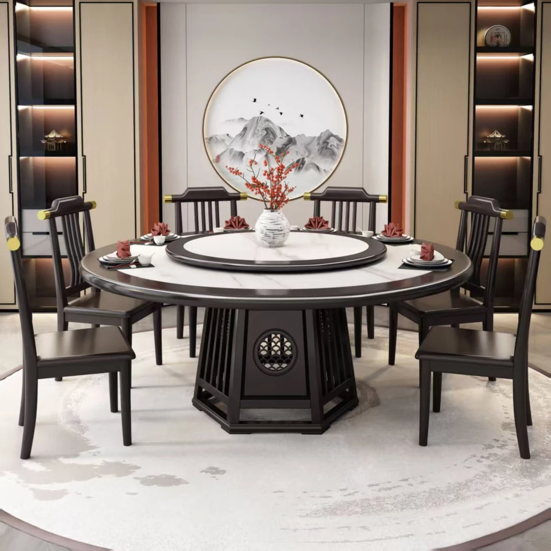 新中式实木岩板高档餐桌桌椅组合酒店家用吃饭桌子圆形餐桌椅