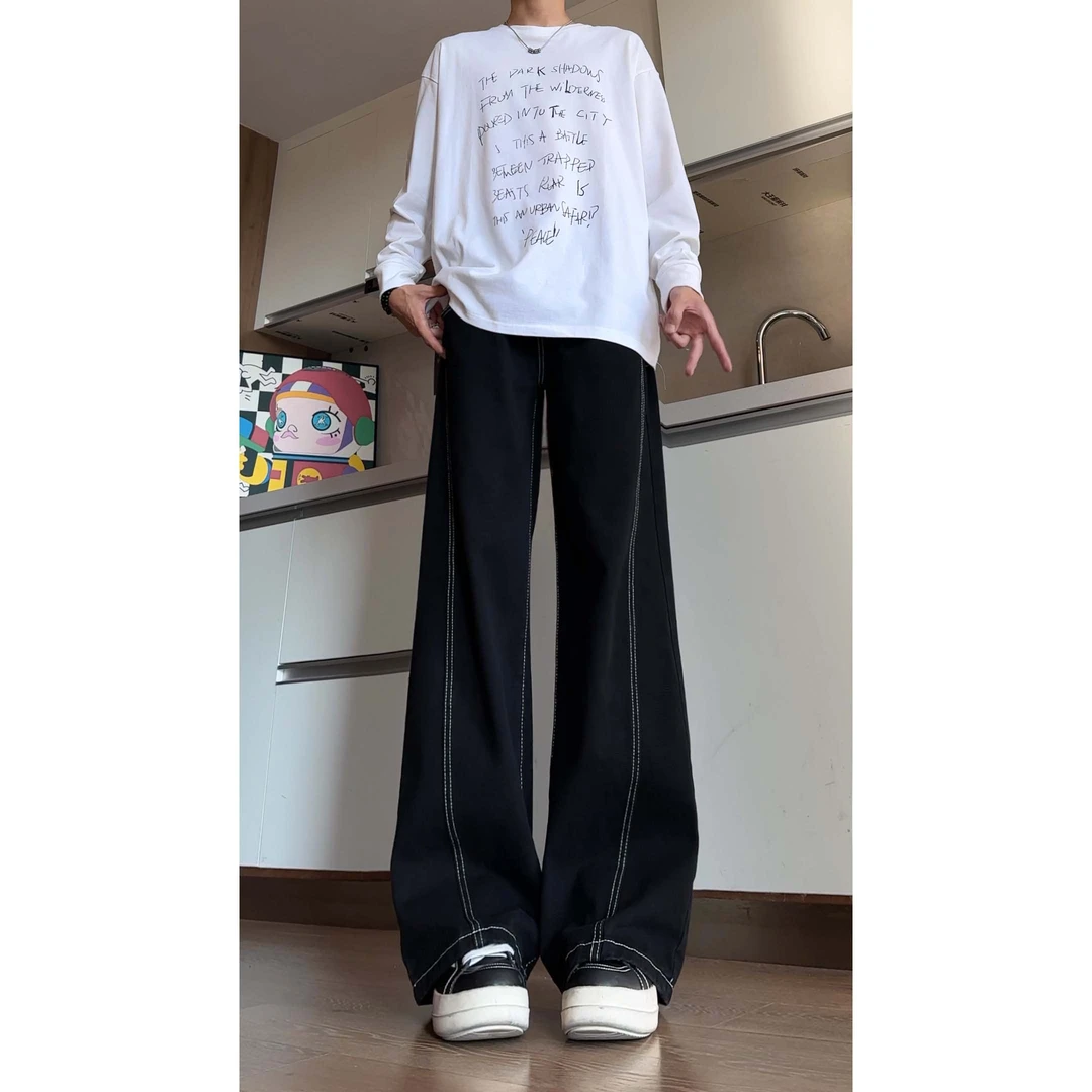 美式休闲设计感辑明线装饰黑色牛仔裤复古高街百搭cleanfit长裤