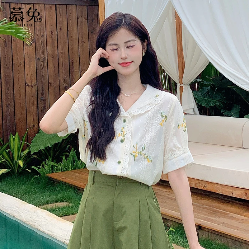 慕兔法式甜美刺绣短袖衬衫女2025夏季新款设计感小众宽松显瘦上衣
