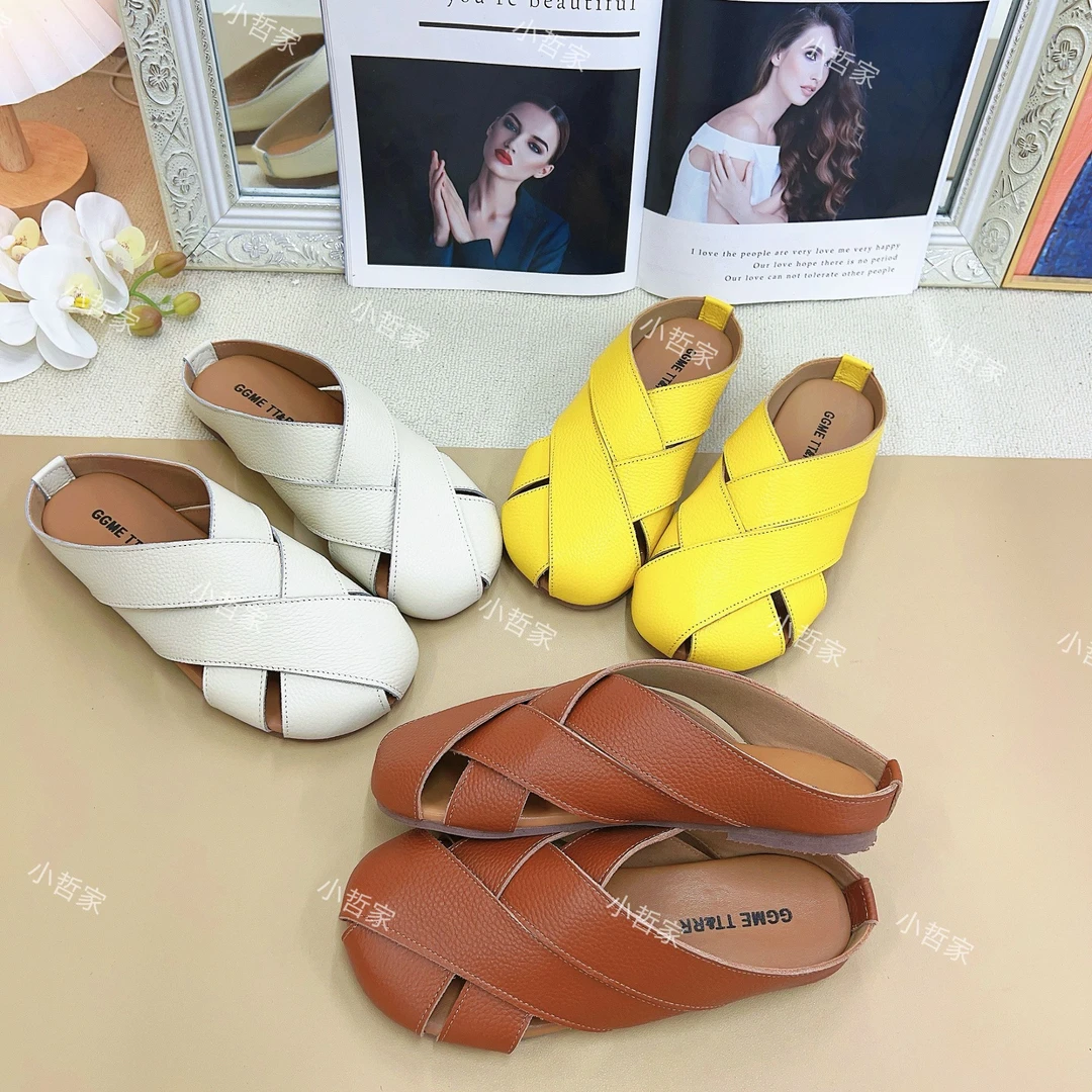 小哲家【旧时光】编织极简风休闲平底韩版软底包头拖外穿88003