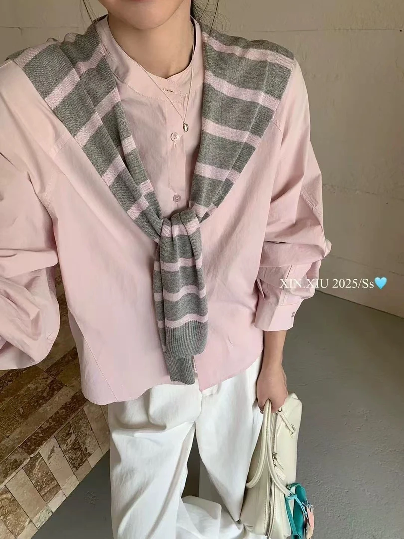 新袖春款韩系百搭宽松小清新衬衫配可拆卸披肩