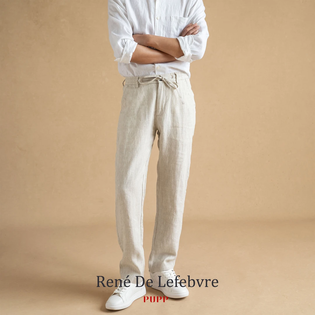 René De Lefebvre男士裤子夏季轻薄款100%亚麻抽绳松紧休闲长裤