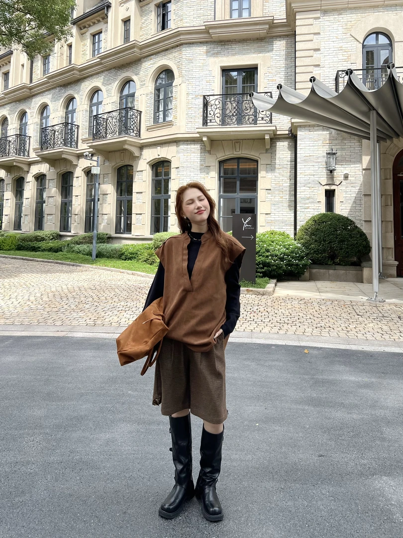 XiANJiE 2025秋季新款复古学院风格子中裤女小个子窄边五分裤