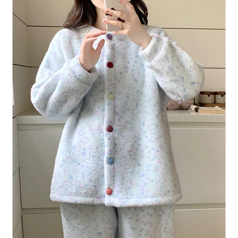 奶乎乎baby蓝睡衣女款秋冬季半边绒少女加厚加绒珊瑚绒长袖家居服