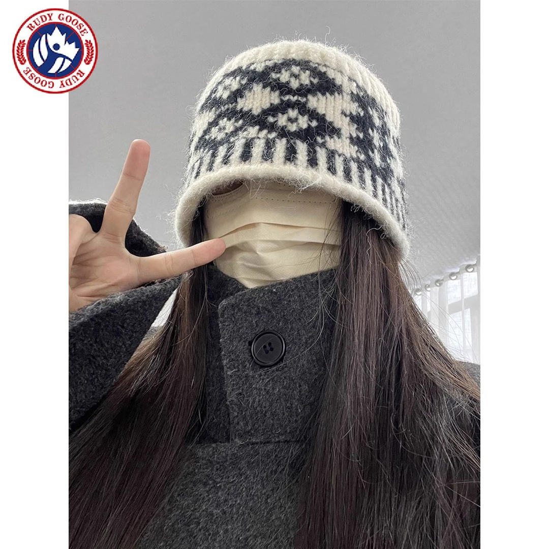 加拿大RUDY GOOSE鹅高级感毛线帽女冬季菱格子渔夫帽包头针织冷帽