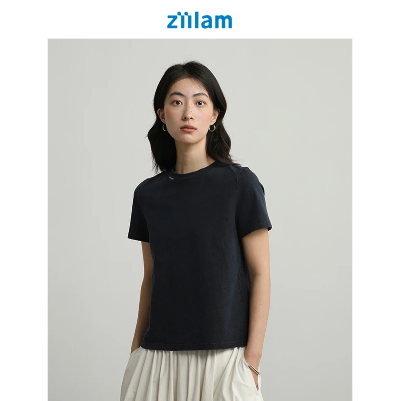 ziilam枝蓝 植物染绣花T恤女款纯棉正肩短袖设计感高级感2025新款