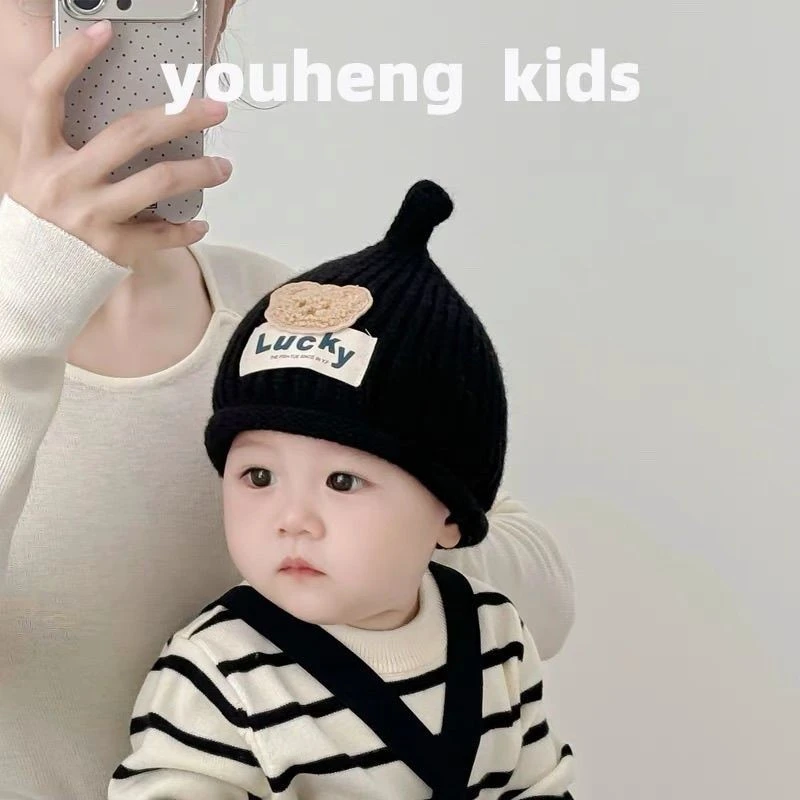 婴儿毛线帽秋冬季保暖防风帽超萌lucky小熊套头帽男女宝宝针织帽