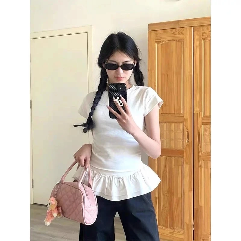 微胖蓬蓬花边拼接假两件短袖T恤女2025春季新款圆领修身打底上衣