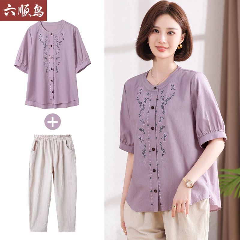 小个子妈妈夏装套装2025新款中老年女夏季短袖棉麻衬衫上衣两件套