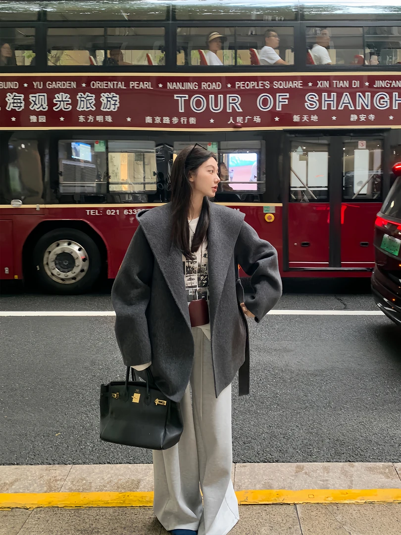 魔女斗蓬（连帽）双面羊毛大衣女冬季小个子宽松连帽中长款毛呢外套