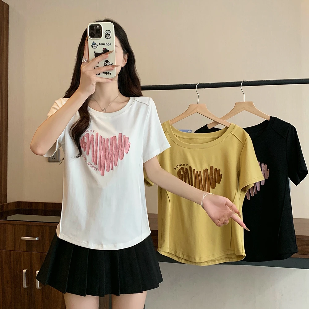 2025夏新大码女装重工绣花短袖宽松T恤洋气衣服女纯欲慵懒风女装