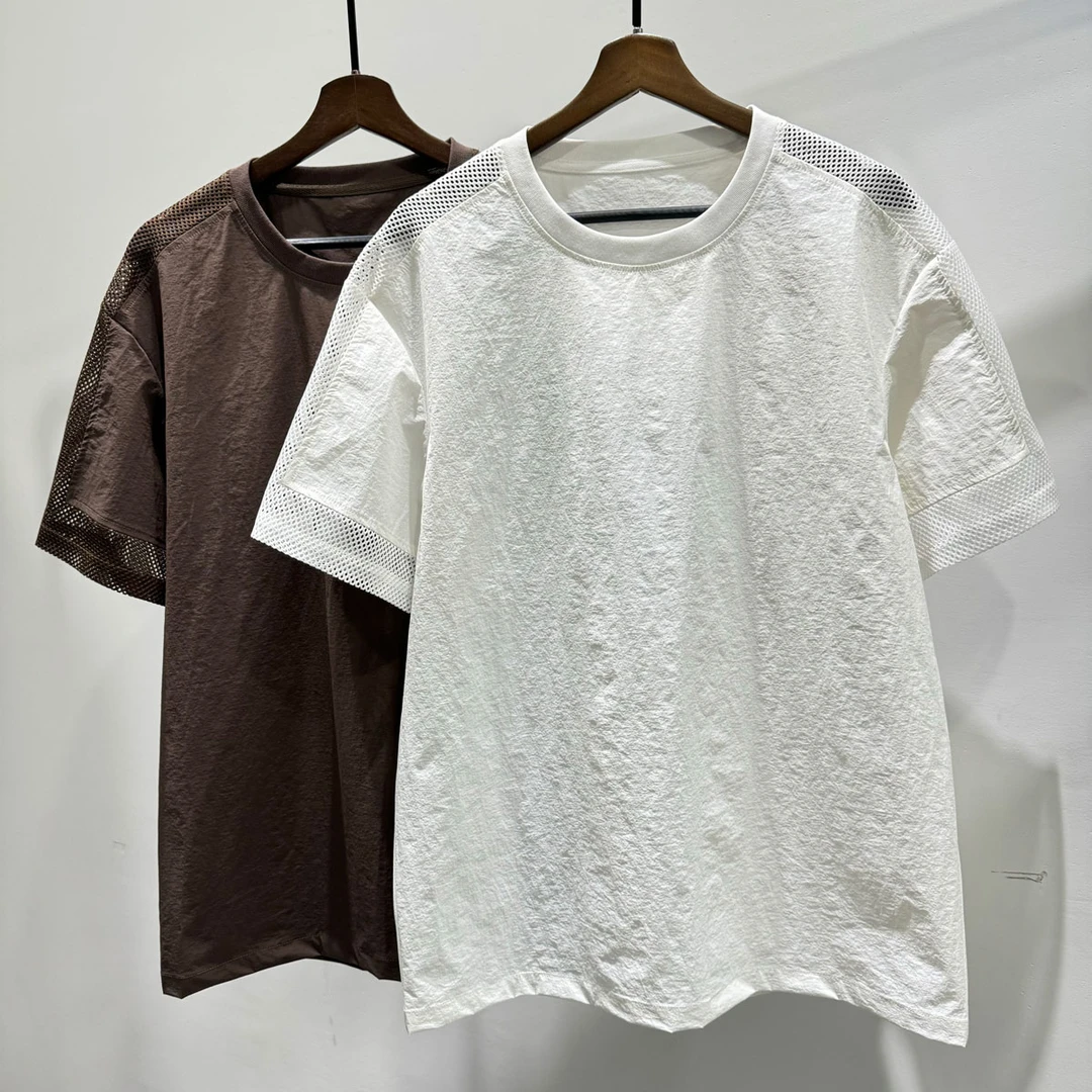 夏季时尚拼接透气美式休闲纯色圆领短袖T恤潮牌男士日常宽松上衣