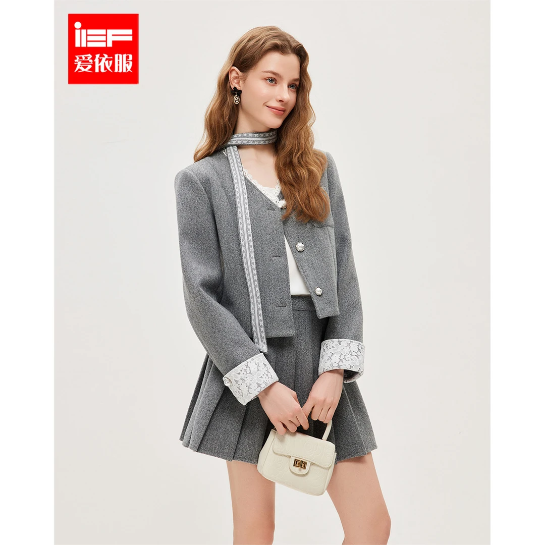 IEF/爱依服2025新款冬季气质时尚高腰显瘦呢绒上下套裙三件套